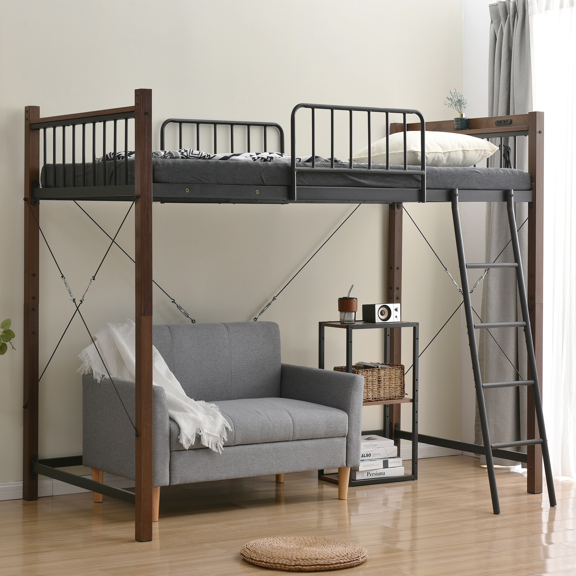 ロフトベッド シングル パイプベッド コンセント付き おしゃれ 北欧風 スチール ベッド パイプベッド パイプ 金属 耐震