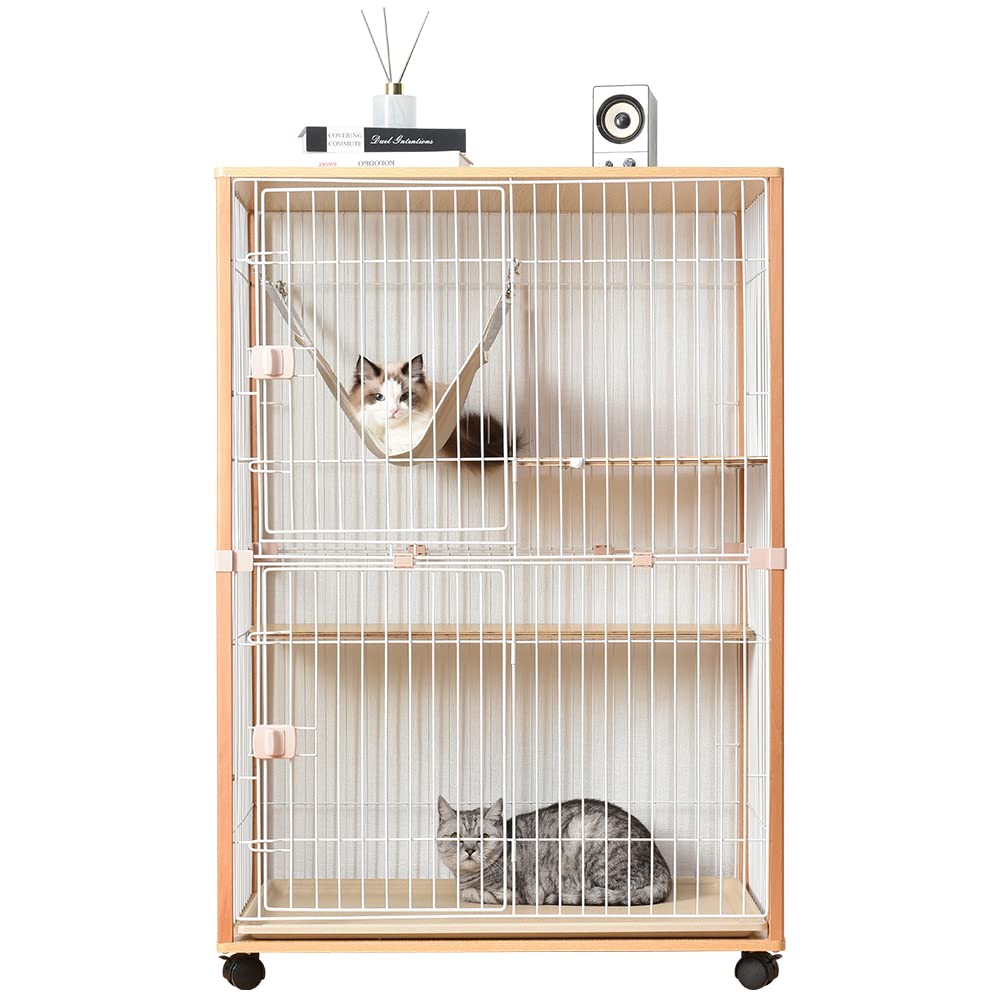 BTM 猫 ケージ キャットケージ 2段 木製フレーム 猫ゲージ キャットハウス ハンモック付き 引出し式トレー付 天板 頑丈設計 大型 多頭飼い 留守番 保護 脱走防止 おしゃれ