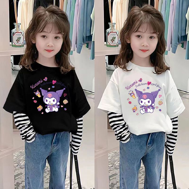 【2個買うと1個無料】キャラクターフェイクインナー子供服 ボーダー トップス上着 女の子男の子 キッズ服 韓国ファッション ゆったり 男女兼用 長袖 柔らかいトップスクロミちゃんプルオーバー ウェット