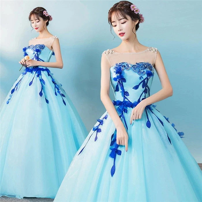 ブルー/ピンク/イエロー　カラードレス　二次会ドレス　パーティードレス　ウェディングドレス　演出舞台　発表会　演奏会用ドレス ロングドレス プリンセスライン　ステージ衣装・二次会・花嫁衣裳にも