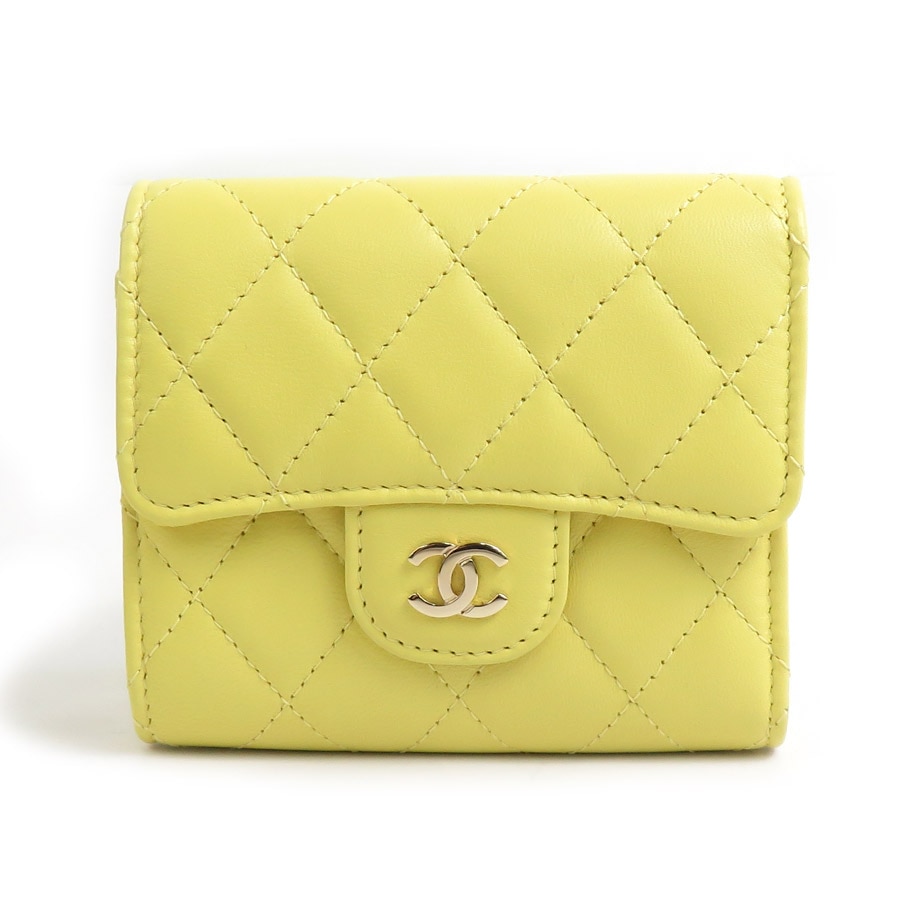 シャネル CHANEL 三つ折り財布 マトラッセ ココマーク レザー イエロー ゴールド レディース w1051g