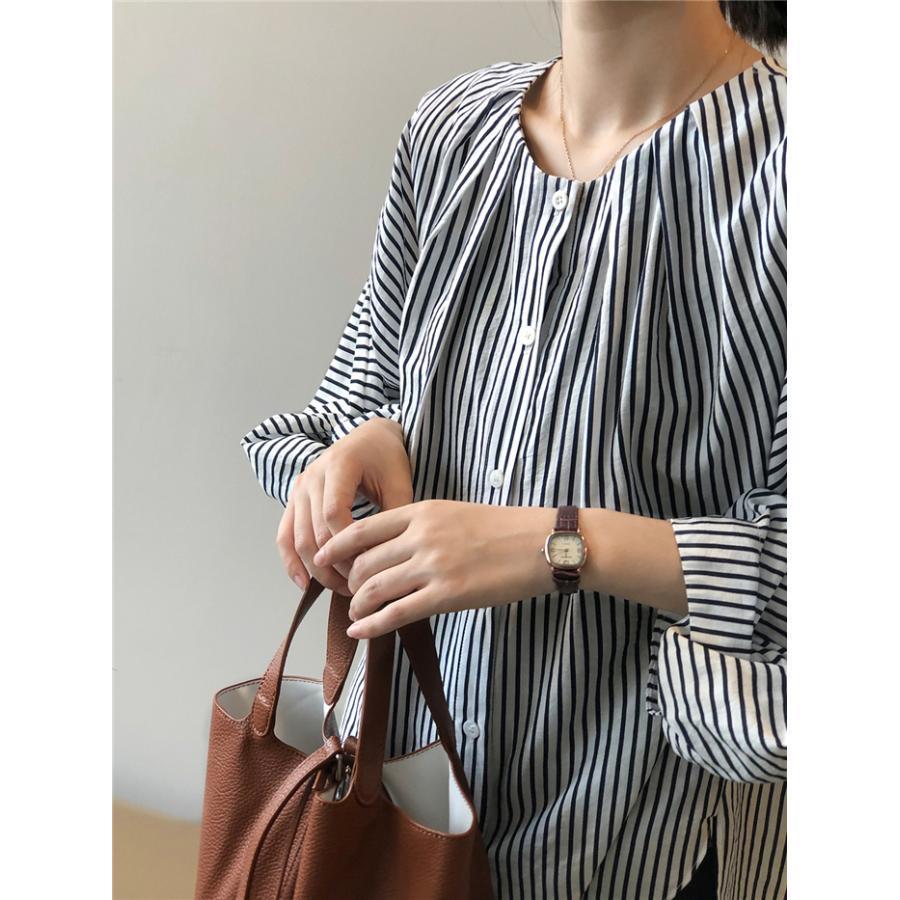 ブラウス レディース 長袖 きれいめ 40代 春 夏 オシャレ シャツブラウス ストライプ柄 シャツ 長袖 トップス パフスリーブ 大人 通勤 可愛い
