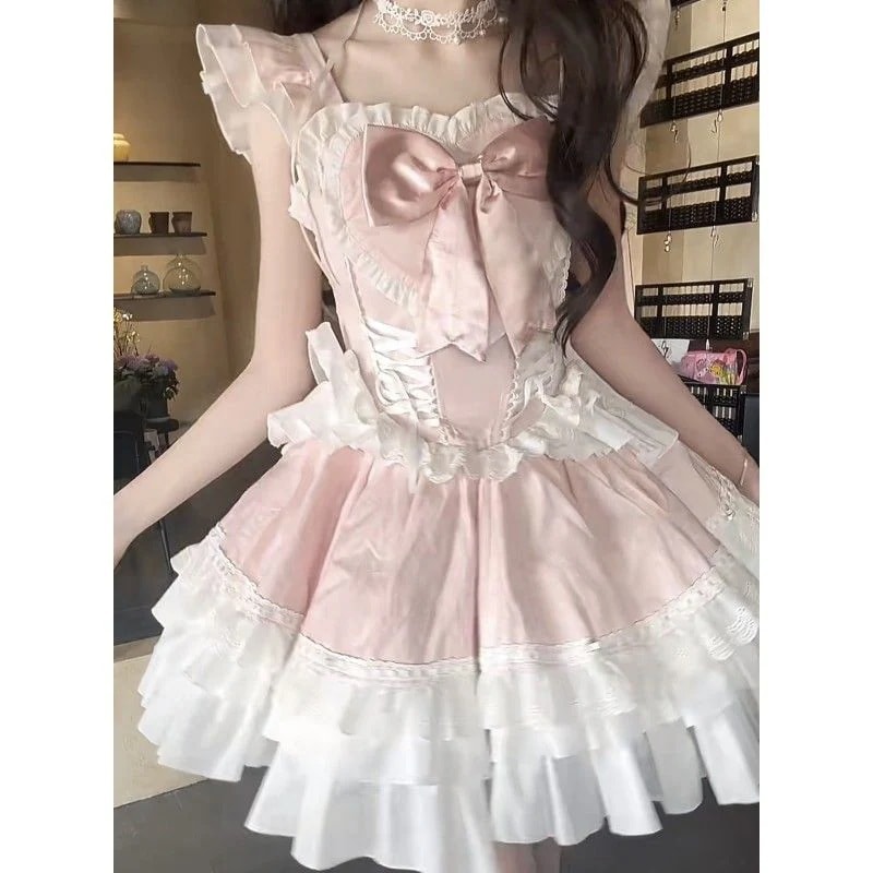 コスプレドレス ロリータ 甘い プリンセススカート かわいい リボン本 フリル 重工業 ポンポンスカート 韓国 花嫁 茶会