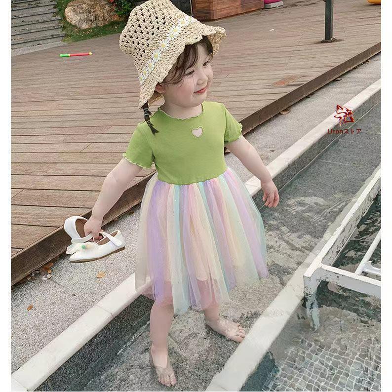 キッズ ベビー服 レースワンピース 夏 可愛い プリンセス ル 虹色 半袖 女の子 KWEA082(3色90-130)