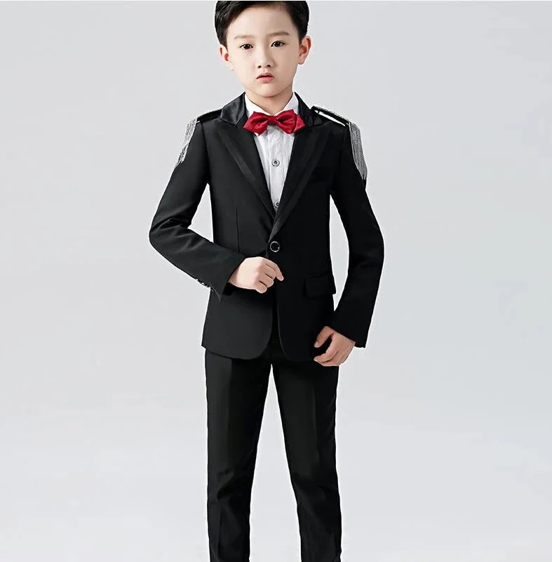 【急速出荷!】お値下げしました子供スーツ 上品 6点セットアップ ３色 ジャケット＋ベスト＋シャツ＋ズボン＋蝶ネクタイ＋肩章 七五三 子供服 ドレスコート 入学式 男の子スーツ 出演 キッズ カジュア