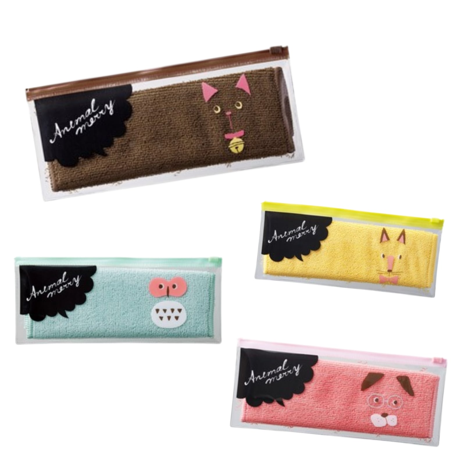 【40個セット】アニマルメリー ポーチ付ハンカチタオル 2WAY ペンケース 小物入れ 韓国風 雑貨 プチギフト 景品 粗品 子供会 卒業 卒園 入学 プレゼント かわいい 4色