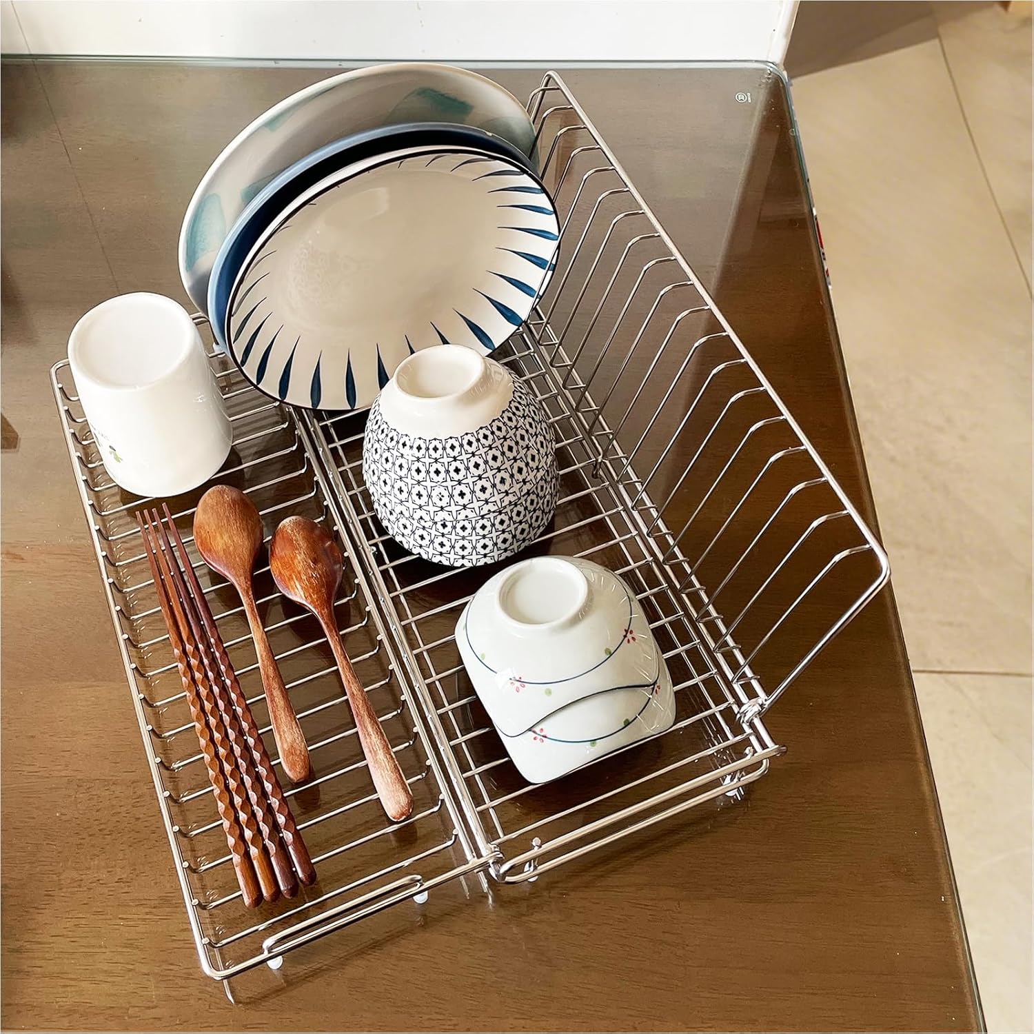 水切りラック ステンレス 折り畳み（17～30cm）大容量 防水錆び 自動排水 省スペース コンパクト設計 シンク上 キッチン収納 調理器具置き場 食器