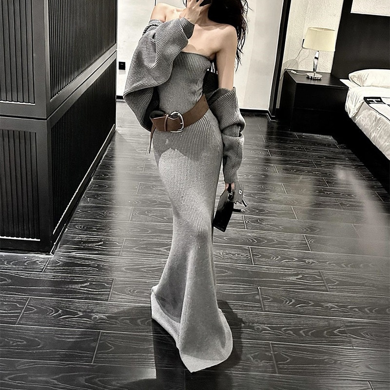 レイジースタイル ルーズフィット レディース 秋冬 暖かい ニットカーディガンジャケット ウエストを絞ったストラップレスドレス ツーピースセット