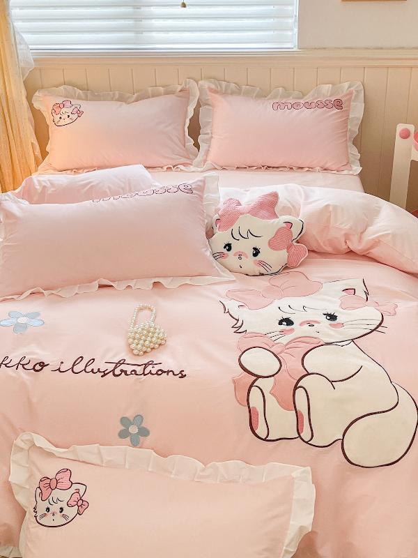 Mikko全綿水洗い綿刺繍四点セットかわいいウサギ猫アニメ少女ベッド品