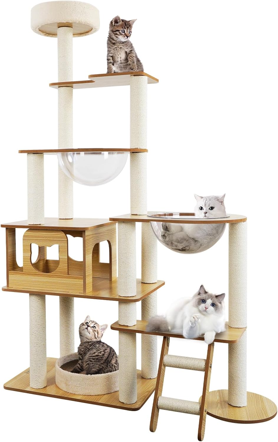 YUCHONG キャットタワー 6階建てのタワー 透明のスペースカプセル 大きくてスリムなデザイン 多頭飼い 頑丈 安定感 運動不足解消 サイザル麻ロープ巻き シンプル 展望台 春夏秋冬 固定