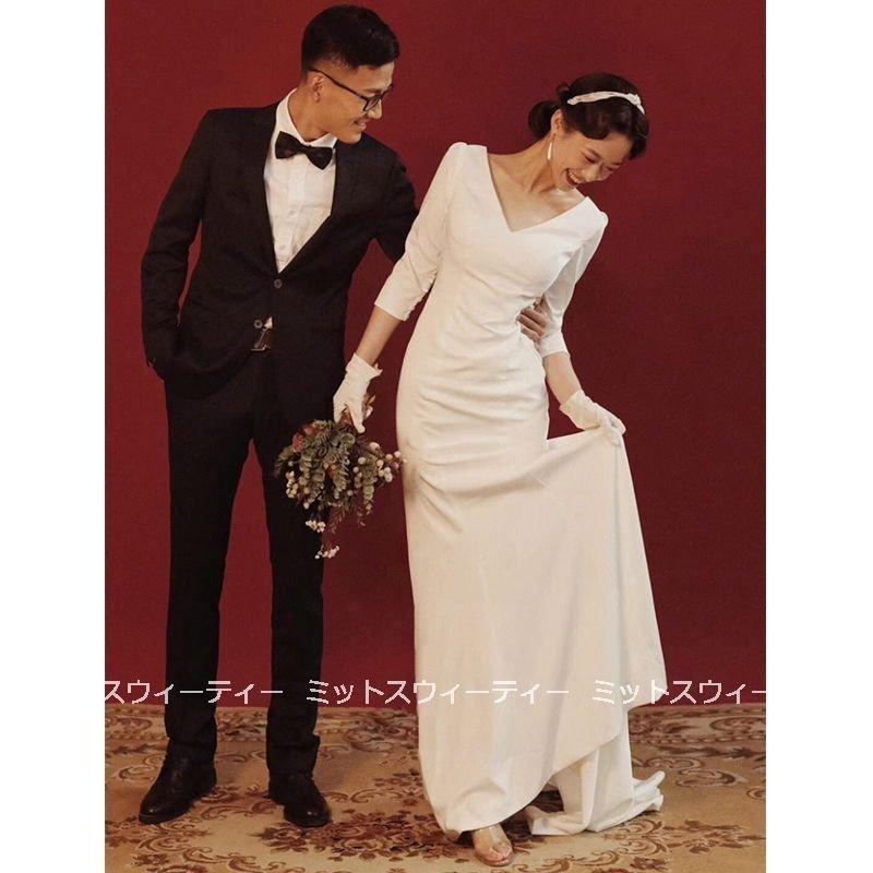 韓国ファッションスレンダードレス ロングドレス ウェディングドレス シンプル 結婚式 二次会 大きいサイズ 白 ブライダル 演奏会 パーティードレス 花嫁 フォーマル 披露宴