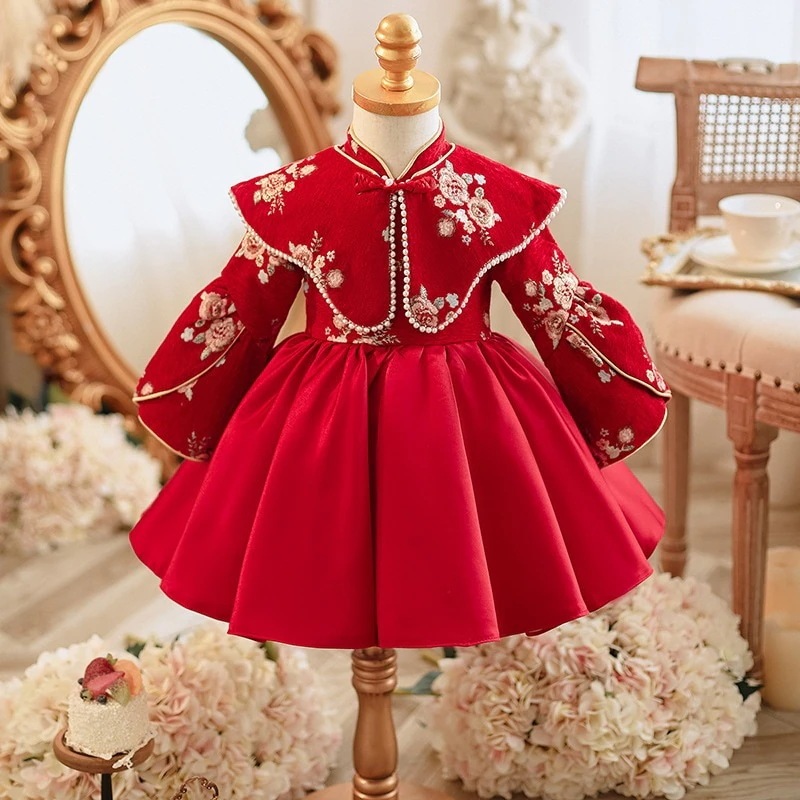 【急速出荷!】1歳のドレス女の女の子赤い長袖語スタイル100日間の宴会ベイビーグラブ タンスーツリトルプリンセススカートスプリング 5,085円