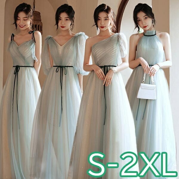 ブライズメイド ドレス ミモレ丈 ロングドレス 袖あり 袖なし ワンショルダー ブルー 透け感 ハイネック カシュクール 結婚式 ワンピース 体型カバー 半袖 フリル オフショルダー バルーン袖 二次