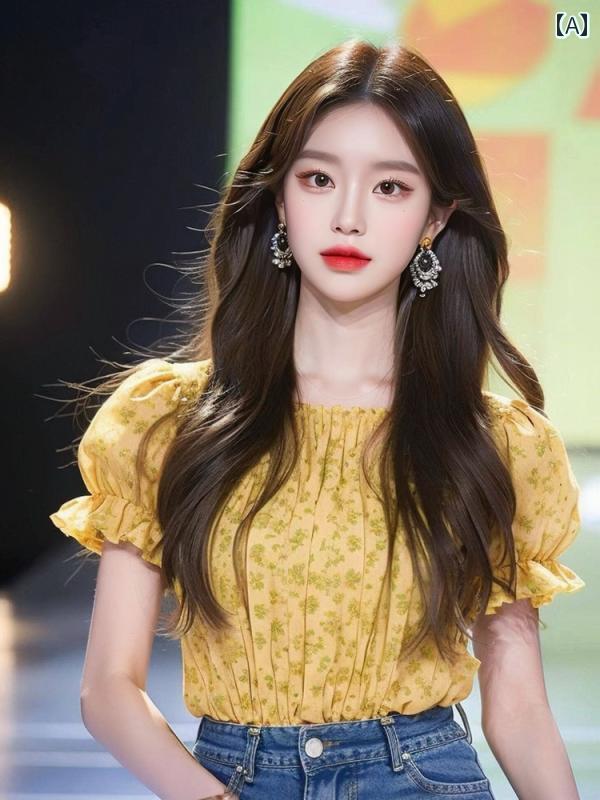 レディース ファッション 夏 婦人服 黄 花柄 トップスス 美しい プリーツ シャツ