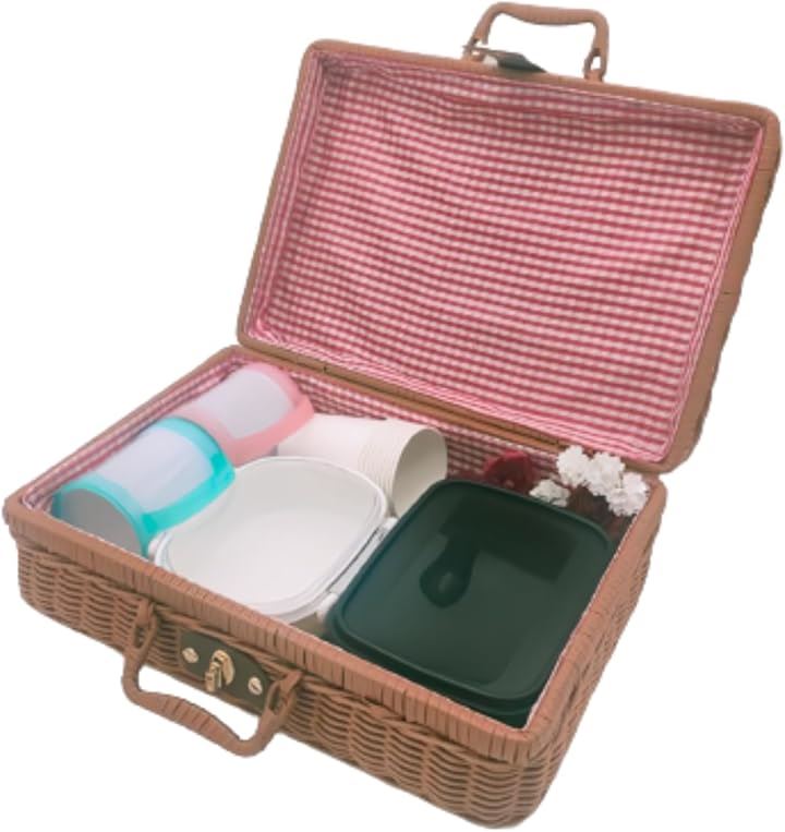 ピクニックバスケット 収納 かご ピクニックセット キャンプ 食器 蓋付き フタ(キャメル, 大)