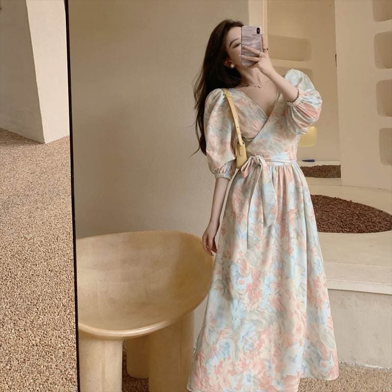 ロング ワンピース ドレス レディース 花柄 かわいい ミドル丈 Aライン フレア 半袖 Vネック パフスリーブ カシュクール フレアワンピ かわいい 大人可愛い パーティードレス フローラル ピンク