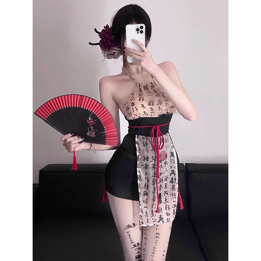 異域情首掛け新中国式書道プリント薄紗セクシーギャル漢服純欲包尻ワンピース夏