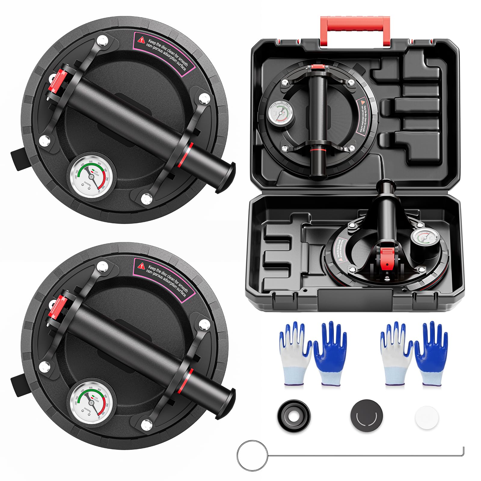 SPECILITE 20cm 頑丈ガラス吸盤2個セット 工業用バキュームリフター 耐荷重400kg 圧力計付き 収納ボックス＆手袋付属 大型タイル/大理石/窓の持ち上げに最適 ブラック