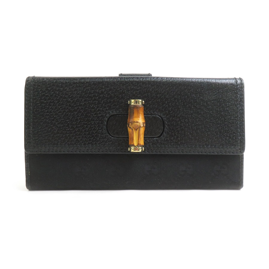 グッチ GUCCI 二つ折り長財布 バンブー GGキャンバス/レザー ブラック ゴールド レディース e61741g