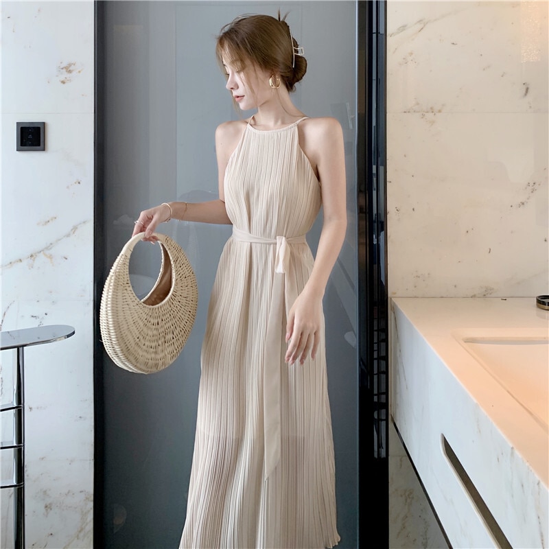 ワンピース ロングスカート ロング丈 ラウンドネック フレア プリーツ ウエストマーク ポリエステル かわいい 大人可愛い きれいめ シンプル 大人 上品 おしゃれ お洒落 大人可愛い 大人女子