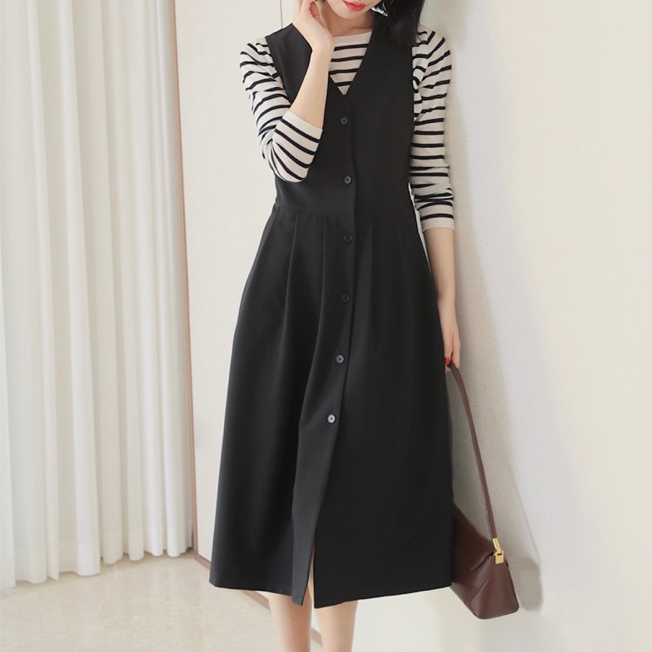 ワンピースVネックノースリーブミドル丈 【op0044】