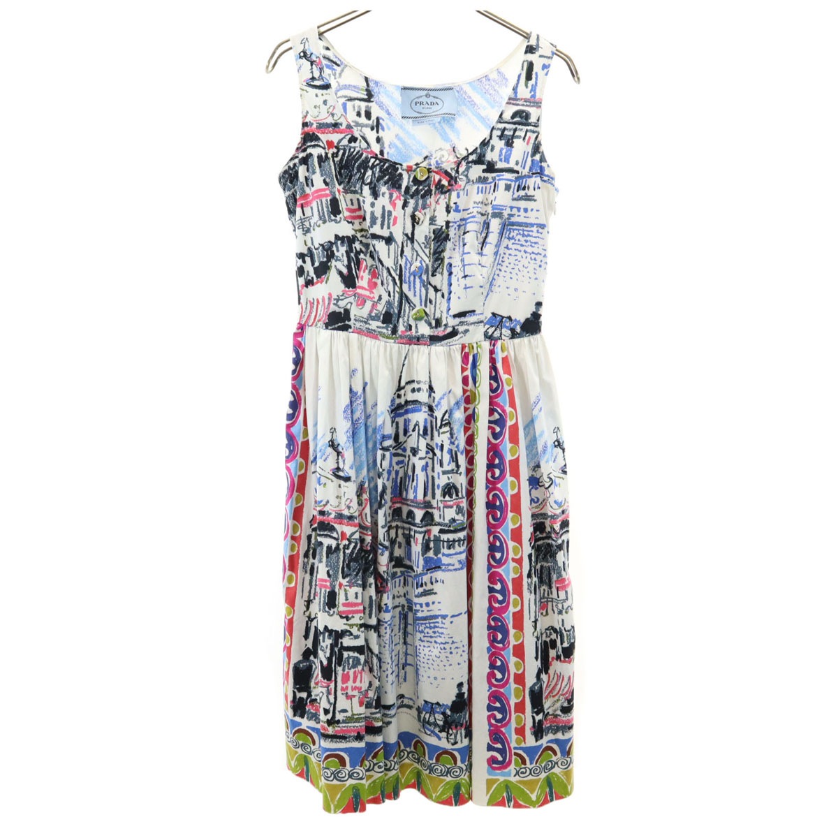 イタリア製 総柄 ノースリーブ ワンピース 38 ホワイト レディース 古着