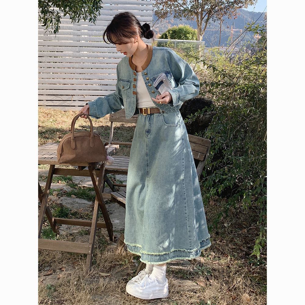 おしゃれ レトロ セットアップ 港風 デニムスーツ 秋新作 レディース ショート丈 ジャケット+デニム ロングスカート 2点セット 上下セット