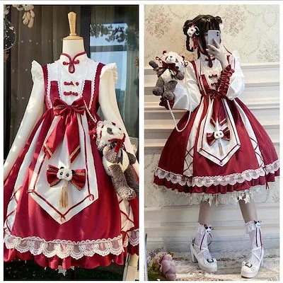ロリータドレス チャイニーズス今週の割引は 25% オフですタイル パンダ 長袖 レッド チョンサン ロリータドレス ハロウィン