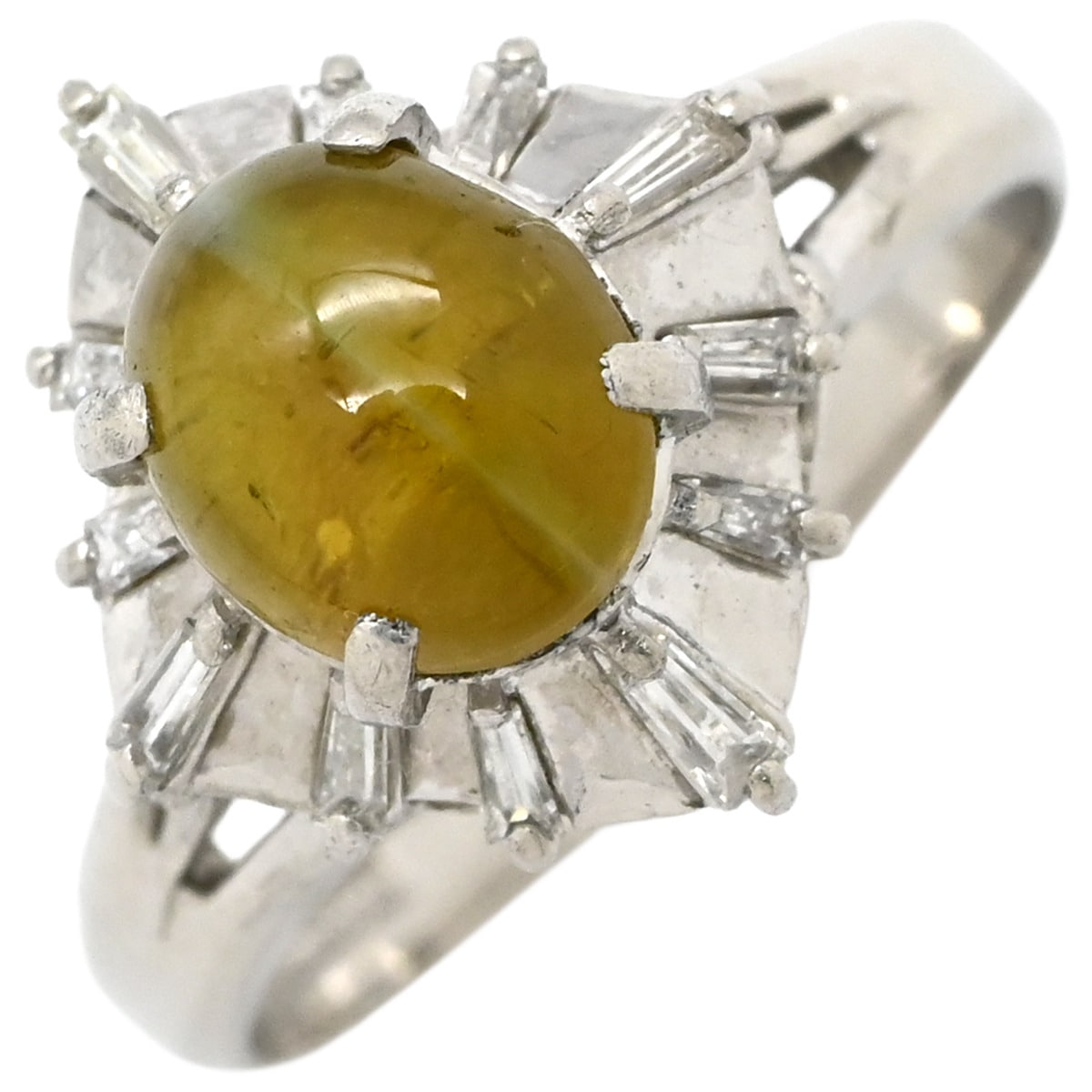 リング 指輪 キャッツアイ2.1ct ダイヤリング プラチナシルバー 猫目石 緑褐色 PM900 テーパーダイヤ 7号【中古】