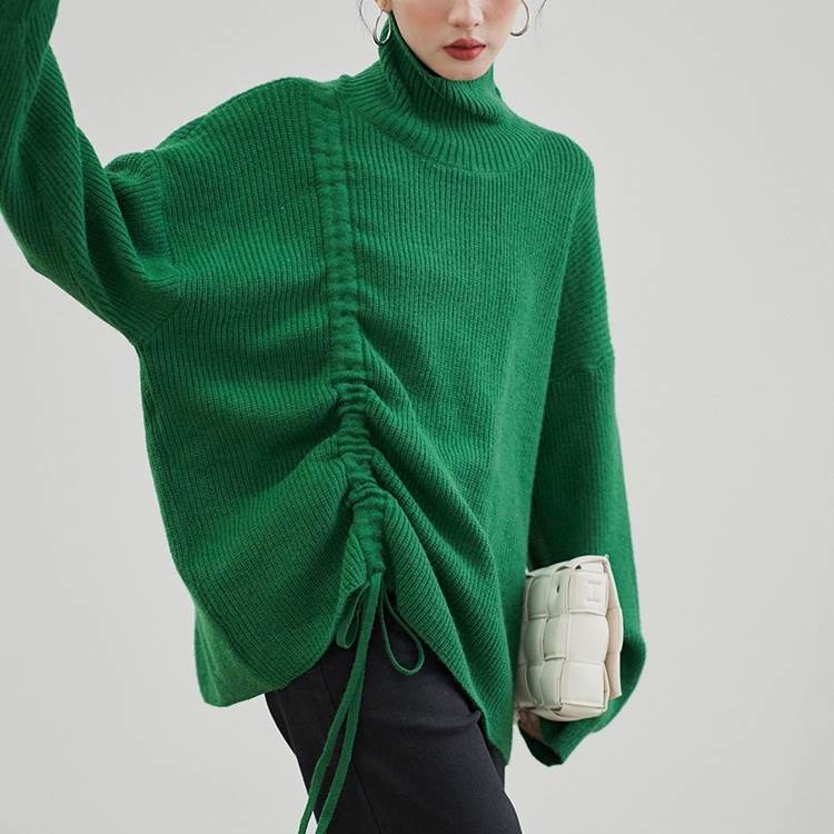 トップス セーター ミディアム丈 長袖 ボリューム袖 ドロップショルダー ドローストリング ハイネック ストレート ワイド アシンメトリー リブ かわいい 大人可愛い きれいめ シンプル カジュアル