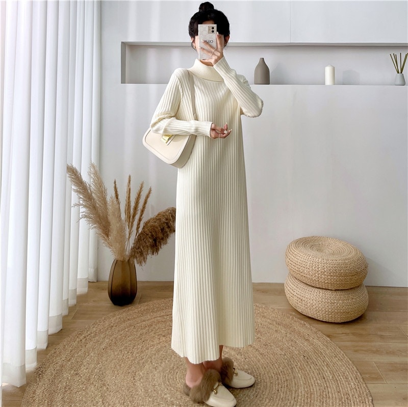 ハイネックロングニットワンピース女性膝丈春冬韓国版ゆったりインナーボトムセーターワンピース黒ロングスカート 4,935円