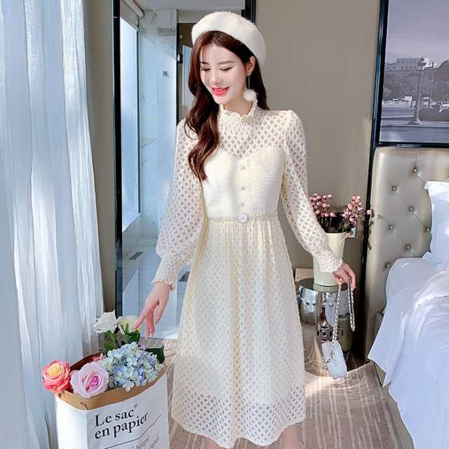 【2025新作入荷】ワンピース レディース Aラインワンピース ミモレ丈 長袖 柄 秋 冬 セミフレア Aライン レース シースルー かわいい 大人可愛い きれいめ
