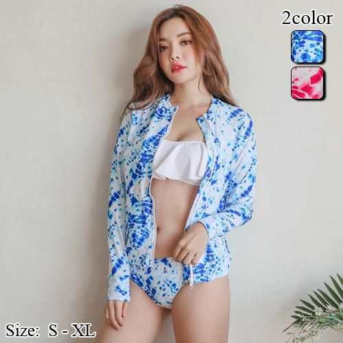 【グラシア】 水着 ラッシュガード レディース ビーチウェア スイムウェア 流行 海 プール カット フレア タイダイ ビキニ ボリューミー ラッシュガード 愛らしい 自然 爽やか ブルー ピンク S