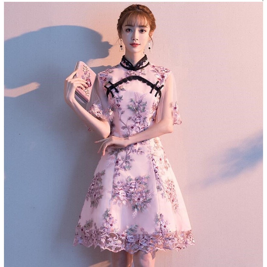 ウエディングドレス 花嫁の介添え ナイトドレス パーティードレス 立ち襟 ミモレ丈ドレス カラードレ