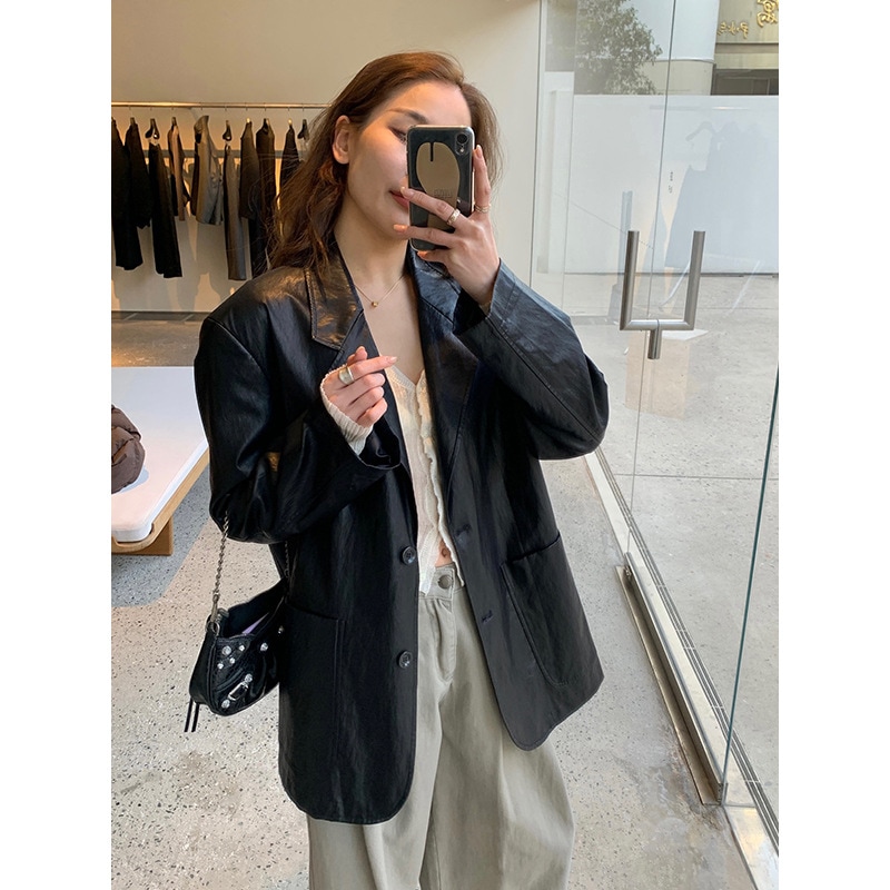 ラペルpuレザージャケットレトロスタイルカーディガントップ女性用aw017