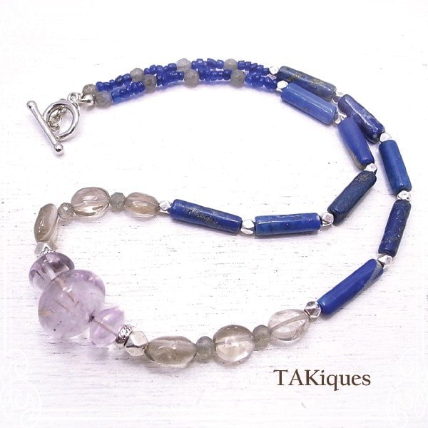 アンティークガラスビーズ＆ラピスラズリネックレス 天然石 ペンダント ビンテージ //TAKiques