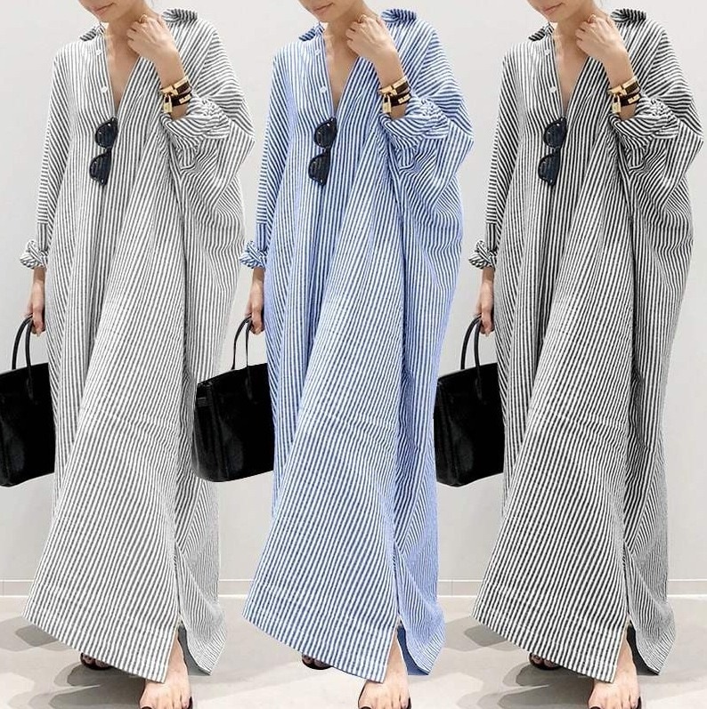 シャツワンピース ロングシャツ 白 ストライプ マキシ丈 韓国 レディース オルチャン シャツ ロング丈 黒 ブラック ブルー 青 フロントボタン 袖あり 長袖 Vネック ワイド かわいい