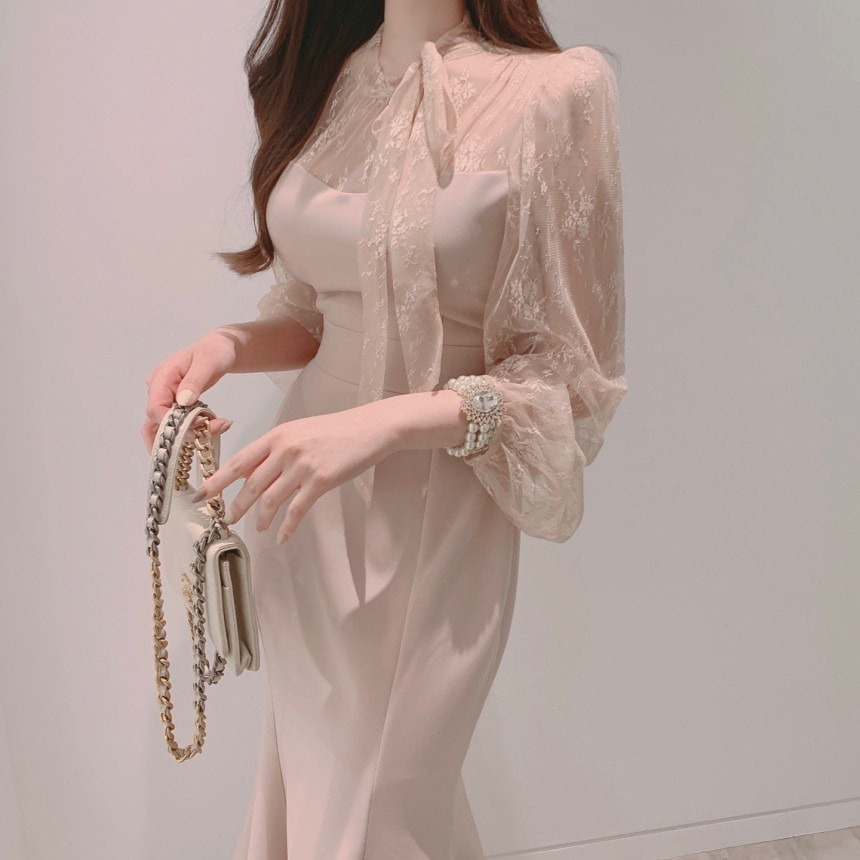 ワンピース ロングドレス マーメイド ミモレ丈ワンピース 韓国 レディース オルチャン レース 膝下 ミモレ ミモレ丈 ロング ロング丈 袖あり 長袖 リボン ボリューム袖 バルーン