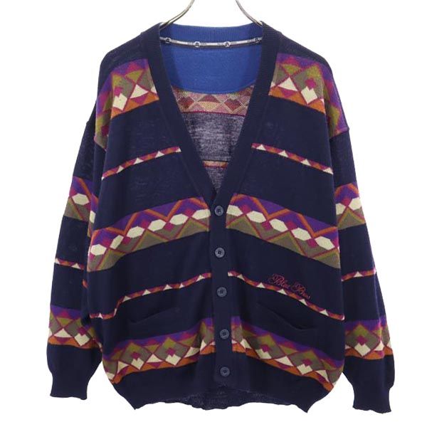 BLUE BROS 80s 90s イタリア製 オールド 総柄 長袖 ニット カーディガン ネイビー系 セーター メンズ