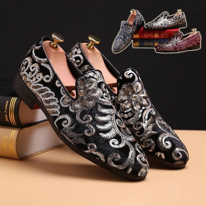 【急速出荷!】ローファー　スリッポン 　ベロア　刺繍　ビーズ　ボタニカル メンズ　おしゃれ