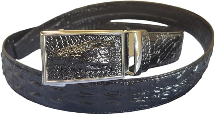 メンズ クロコダイル 型押し ベルト 牛革 レザー わに オートロック 穴なし ビジネス(ブラック)