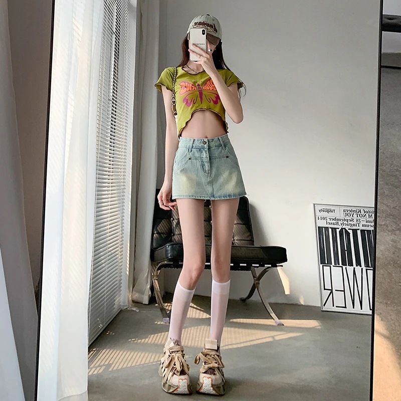 ライトブルーデニムショートパンツレディース2024夏ハイウエストスリム万能デザイン防光スカート