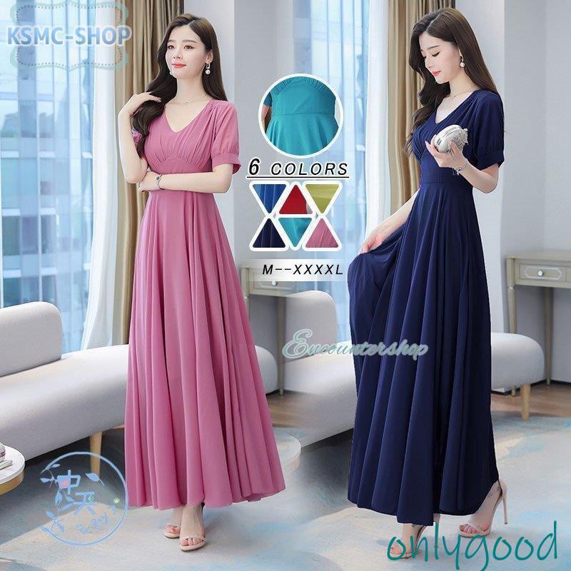 パーティードレス シフォン フレア 夏 ロンディース 30代40代 マキシ丈 プツ Vネック エレ 飲み会 結婚式 大きい 6色