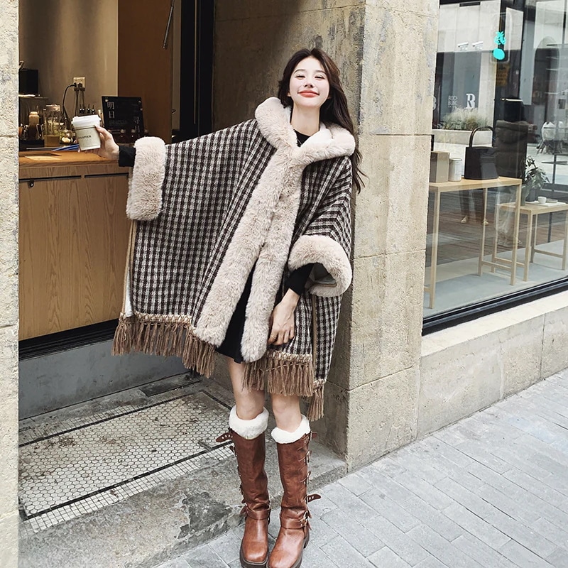 レトロフード付きチェック柄ケープショールツイードジャケット2024新作ベルベット厚手タッセルツイードコート