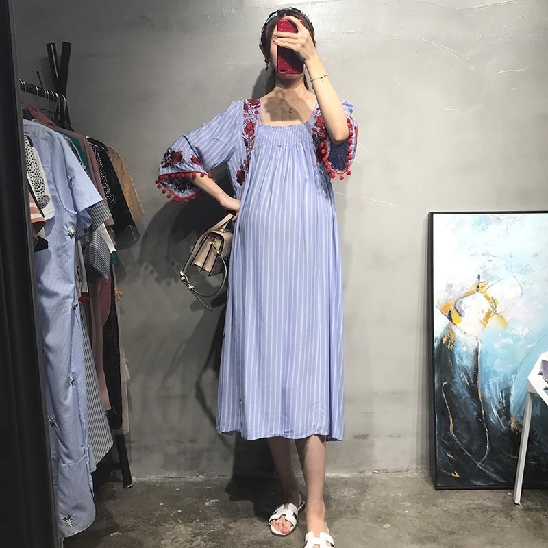 1887.花柄刺繍ワンピース（ブルー）2019 春夏 sale 春夏 sale ドレス ロング マタニティ お呼ばれ パーティー 結婚式 披露宴 二次会 女子会 レストラン デート