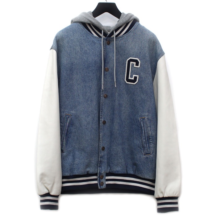 CELINE セリーヌ バーシティ ブルゾン デニムジャケット ブルー ホワイト グレー 2Q563206T XL フード ボンバージャケット メンズ 中古