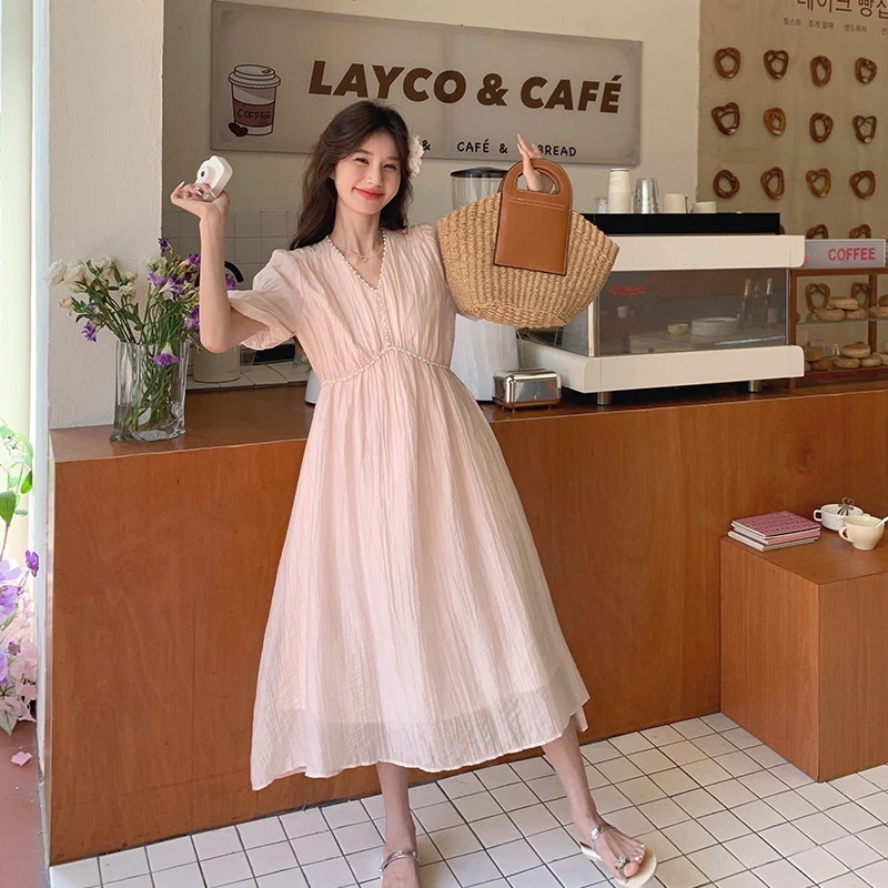 フレンチテンセルワンピース レディース 夏 2024 新作 優しい素材感 シニアセンス バブルスリーブ Vネック ロングフェアリー 5,095円