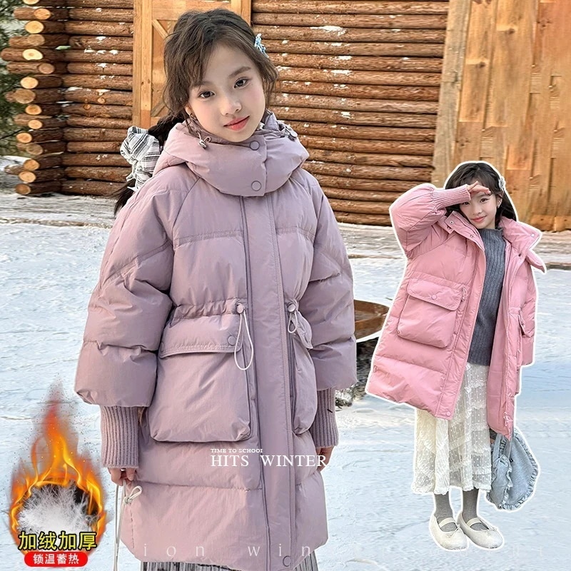 【急速出荷!】ガールズダウンジャケット 2025 冬の新韓国スタイルロングルーズウエスト厚く暖かいホワイトダックダウンフード付きジャケット