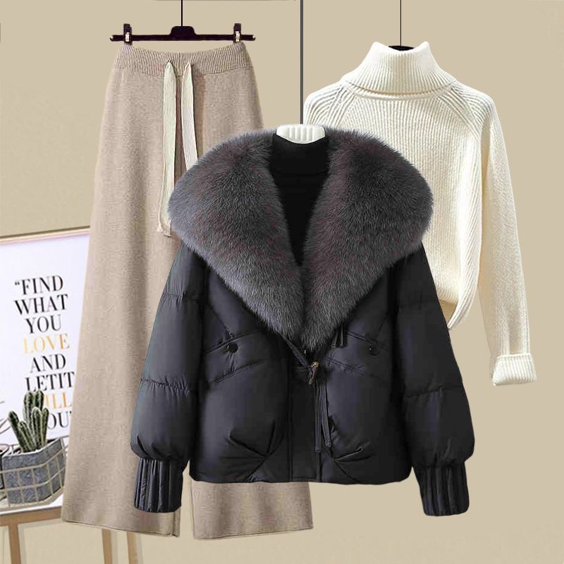 2024年秋冬新作婦人服の年齢軽減綿服タートルネックセーターとゆったりワイドパンツ3点セット