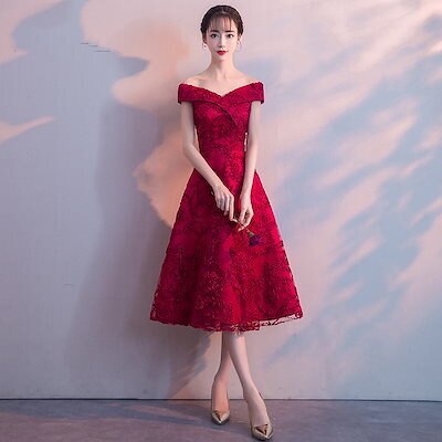 ワンピース ドレスワンショルダーの花嫁のトースト女性2021年の新しいエレガントな赤いミドル丈のウェ
